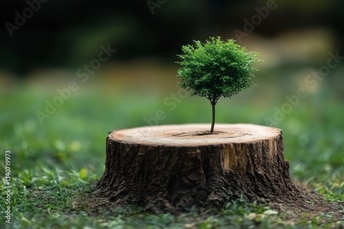 Young small tree growing out of a dead tree stump, concept of new life, business recovery and hope
