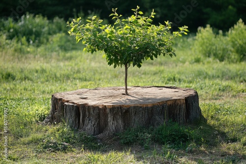 Young small tree growing out of a dead tree stump, concept of new life, business recovery and hope