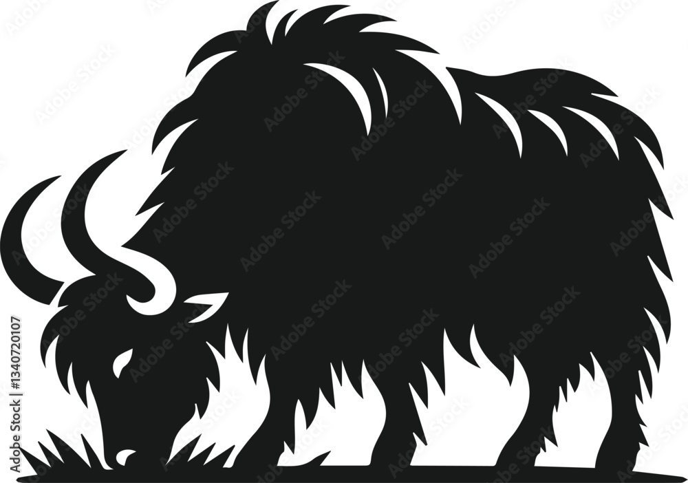 Obraz premium Yak grazing with head lowered animal vector silhouette