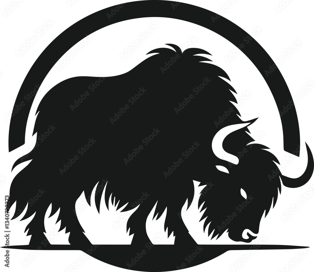 Obraz premium Yak grazing with head lowered animal vector silhouette