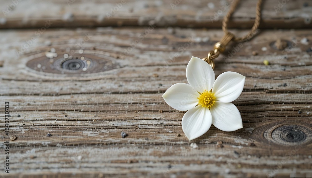 Good luck charm and small white blossom on weathered wood background Good luck charm and small white blossom on weathered wood background