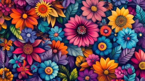 Colorful floral motifs with geometric shapes for a contemporary spring pattern