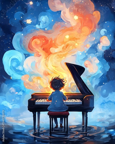 A child plays piano under a cosmic sky.