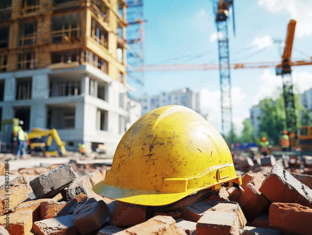 Construction site with yellow hard hat on bricks during bright day Construction site with yellow hard hat on bricks during bright day