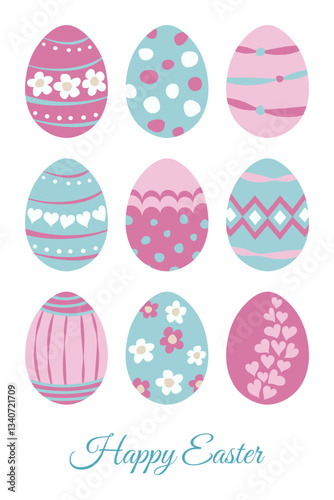 Happy Easter. Eggs colorfull illustration om white background. Vector design elements in pick and blue colors. Religions Easter card.