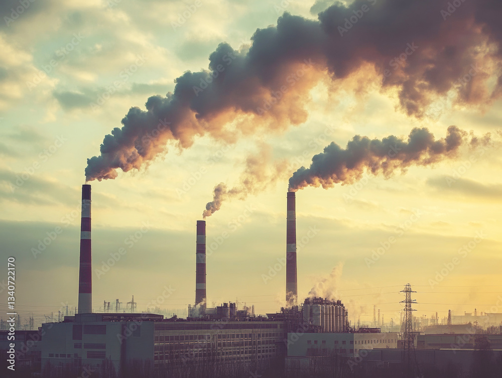 Smoke rises from industrial chimneys during sunset in an urban area Smoke rises from industrial chimneys during sunset in an urban area