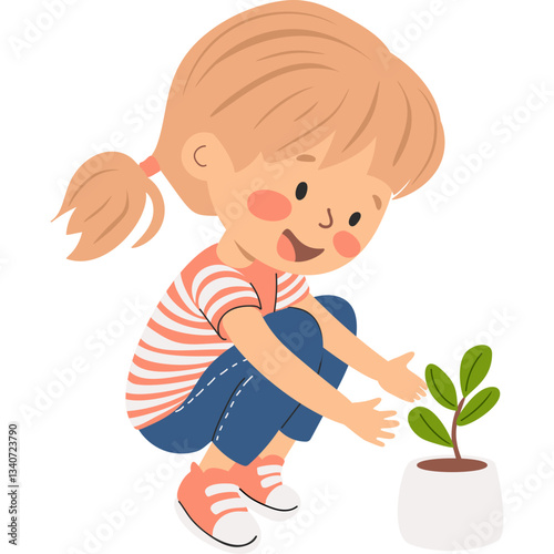 A young girl is happily squatting while planting a small green seedling in a white pot. The setting is bright and cheerful, highlighting her love for gardening.