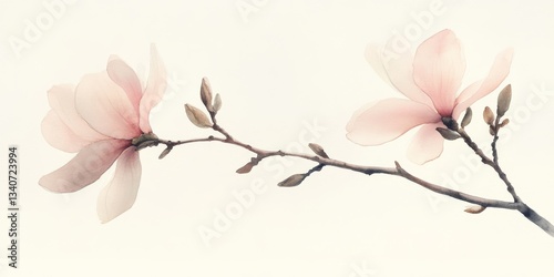 Delicate pink magnolia blossoms blooming on branch watercolor illustration