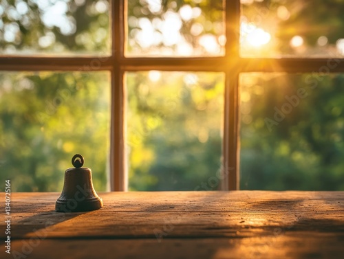 A single bell sits atop a wooden table
