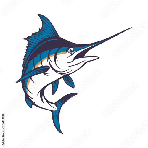 Vibrant marlin fish illustration with sleek lines and bold blue tones
