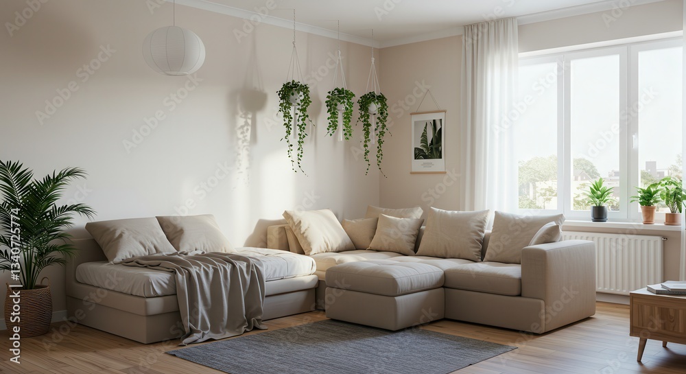 Fototapeta premium Inviting Beige Couch in Bright Living Room with Indoor Plants
