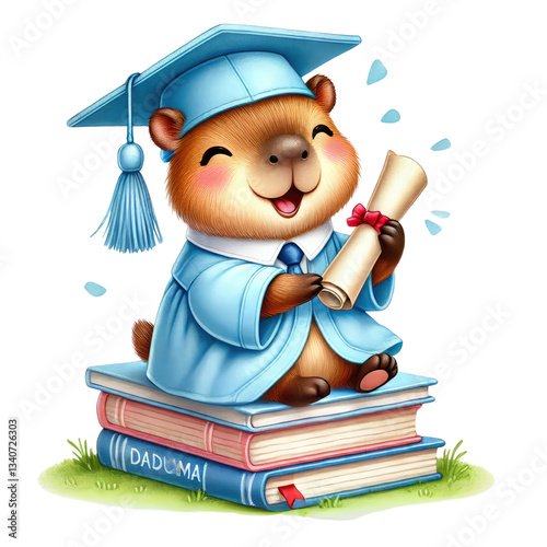 A cheerful graduate animal wearing a cap and gown, holding a diploma while sitting atop colorful books.
