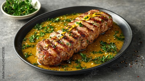 Flavorful plate of pork tenderloin drizzled with mustard sauce for a savory and satisfying gourmet dining experience