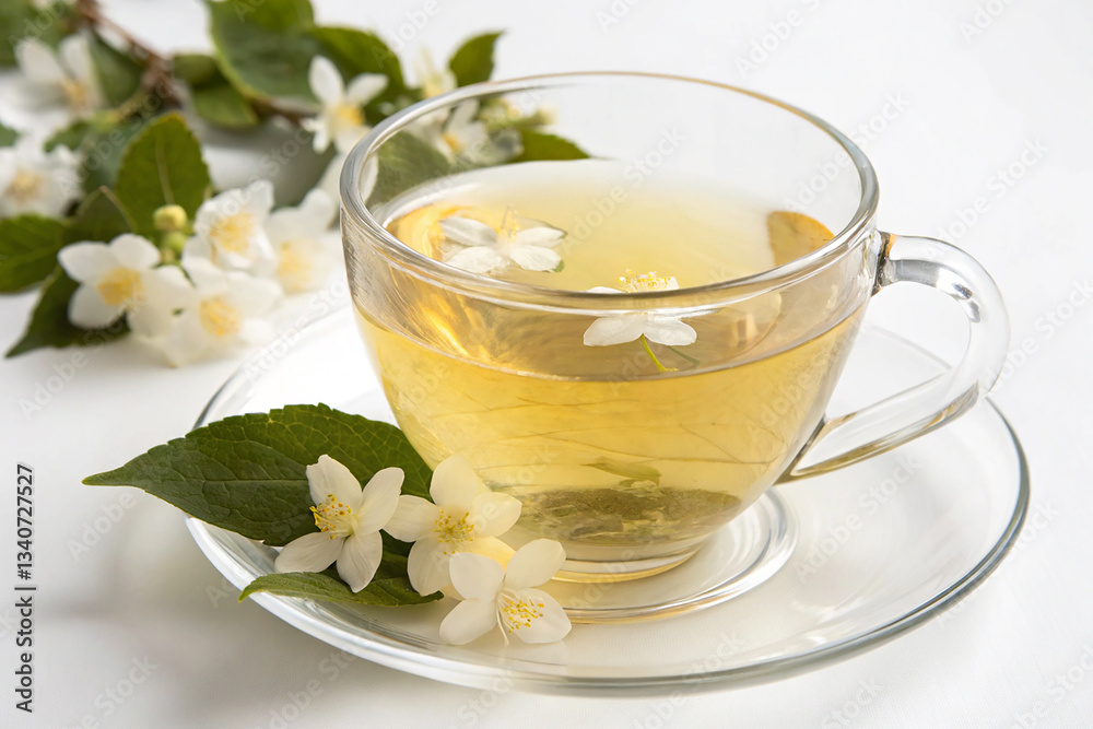 Glass Cup of Aromatic Jasmine Tea on White Background Glass Cup of Aromatic Jasmine Tea on White Background