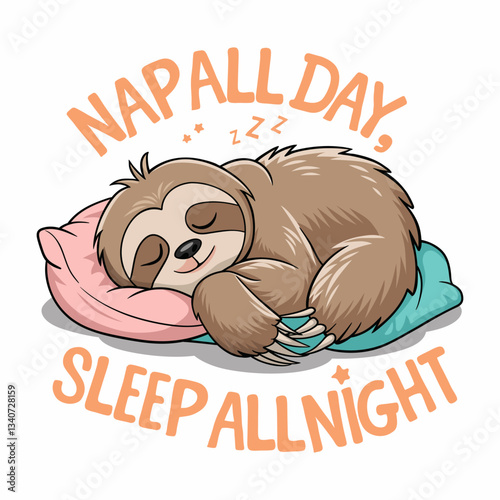 Cute sloth resting on a vibrant pink pillow and soft blue blanket