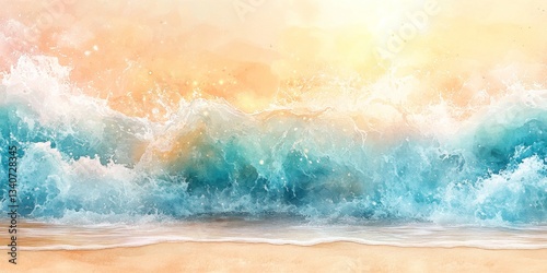 Watercolor seascape painting depicting ocean waves crashing on sandy beach at sunset