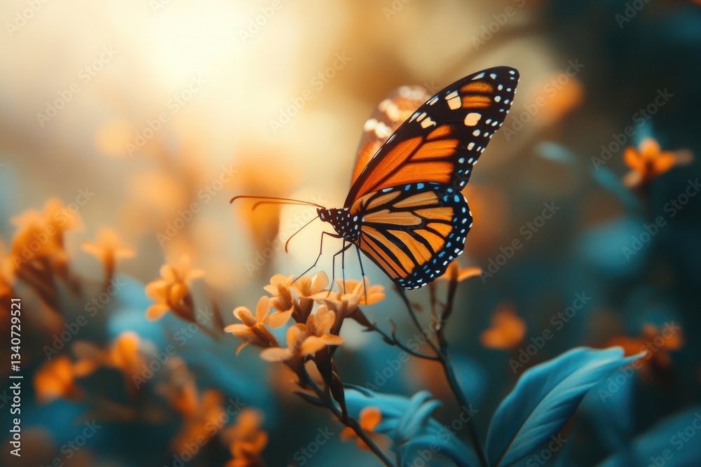 A monarch butterfly perched on a colorful flower, sunny day A monarch butterfly perched on a colorful flower, sunny day