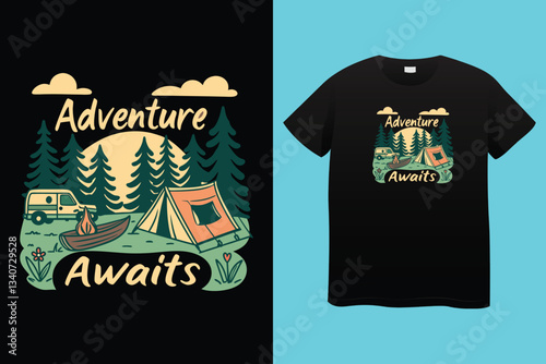 Set of Summer camp and hiking patches, badges. Vector. Concept for shirt or logo, print, stamp, patch or tee. Design with mountain, forest, hiking boots, rv trailer, camping tent, campfire.