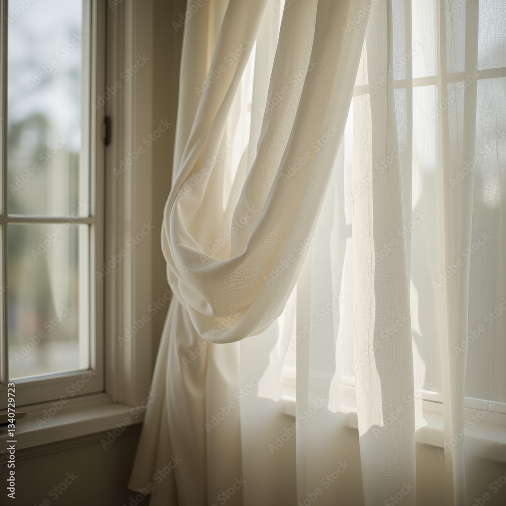 Flowing White Curtains by Window with Sunlight Flowing White Curtains by Window with Sunlight