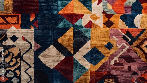 Abstract close up view of a colorful geometric patterned rug or tapestry