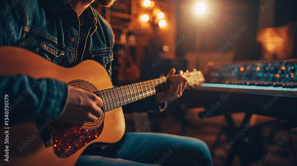 Fototapeta premium Live music performance with guitarist in studio acoustic session warm ambiance