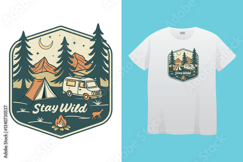 Mountain camping. Adventure at the mountain graphic artwork for t shirt and others. River and waterfall with hill artwork. Mountain with tree vintage print design. good life. Bench hand sketch. 