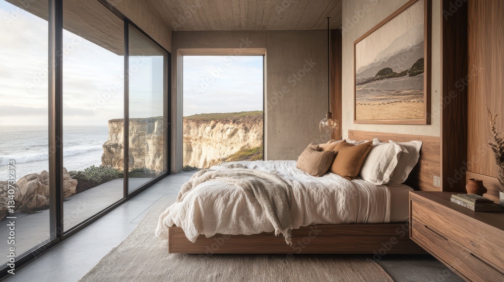 Fototapeta premium Eco-friendly bedroom design with sustainable materials, neutral earth tones, and large windows offering views of the cliffs and ocean.