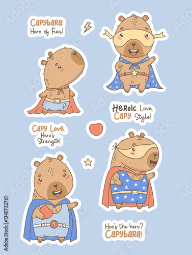 Cute Superhero Capybara stickers. Happy kawaii animal with Heart in hero mask and raincoat with slogans. Vector illustration. Isolated holiday cool Funny character