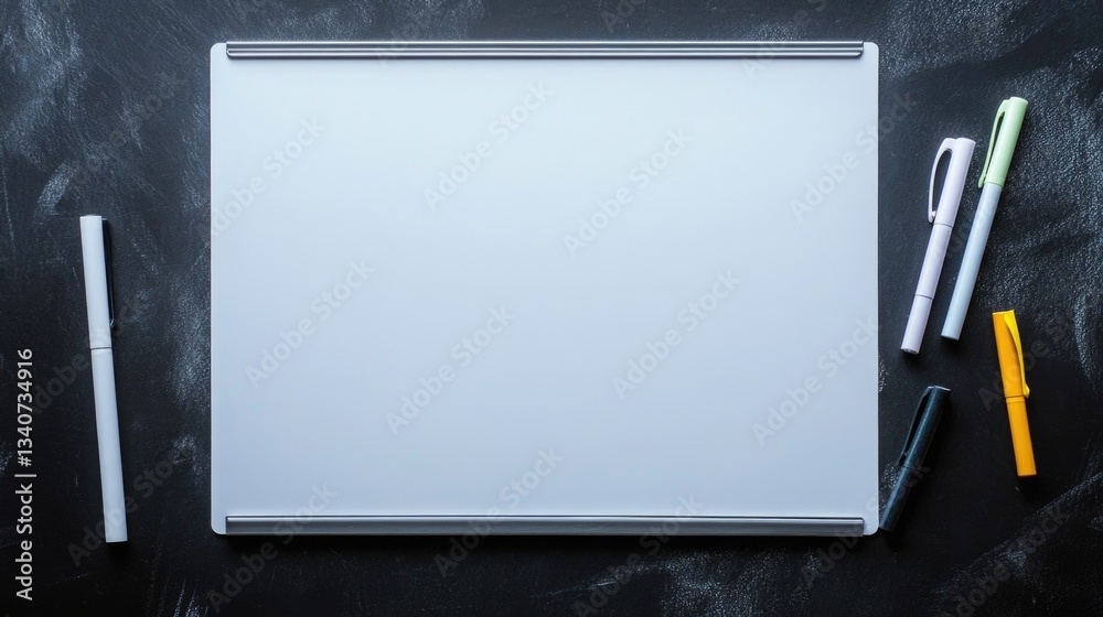 A white board with a pen and two additional pens placed on top, perfect for note-taking and organization A white board with a pen and two additional pens placed on top, perfect for note-taking and organization