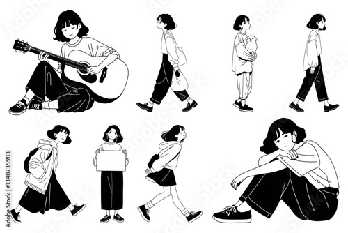 Stylish monochrome youth illustrations, element vector set