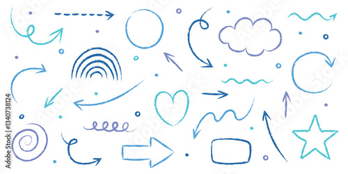 Set of hand drawn grunge arrow, line, square, circle and various shapes. Abstract pencil, crayon and chalk brush style. Doodles. Vector illustration