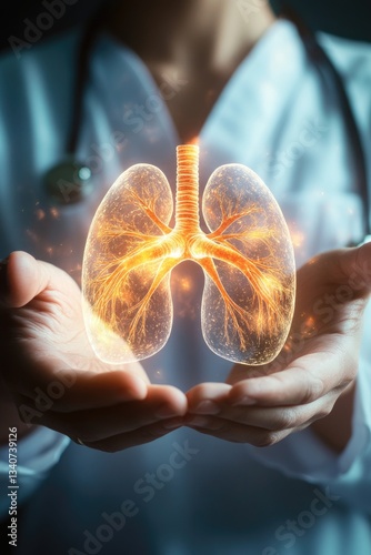 A doctor examines glowing human lungs in a medical setting, suitable for illustrations of healthcare and medicine