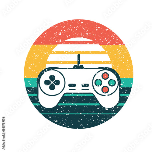 Retro Game Controller in Vintage Sunset Style. Vector  for greeting card, banner, poster, t-shirt