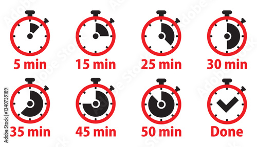 Timer icons set, six timer indicators from 5 to 60 minutes, vector illustration.