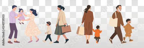Family shopping outing illustration, isolated vector set