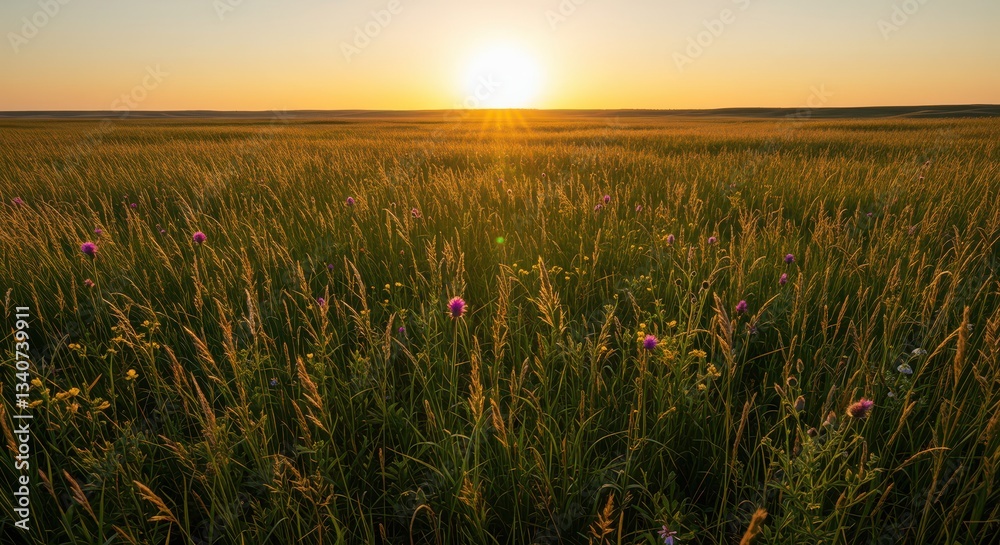 Obraz premium Sunset Over Golden Field with Wild Flowers Creating a Peaceful Scene