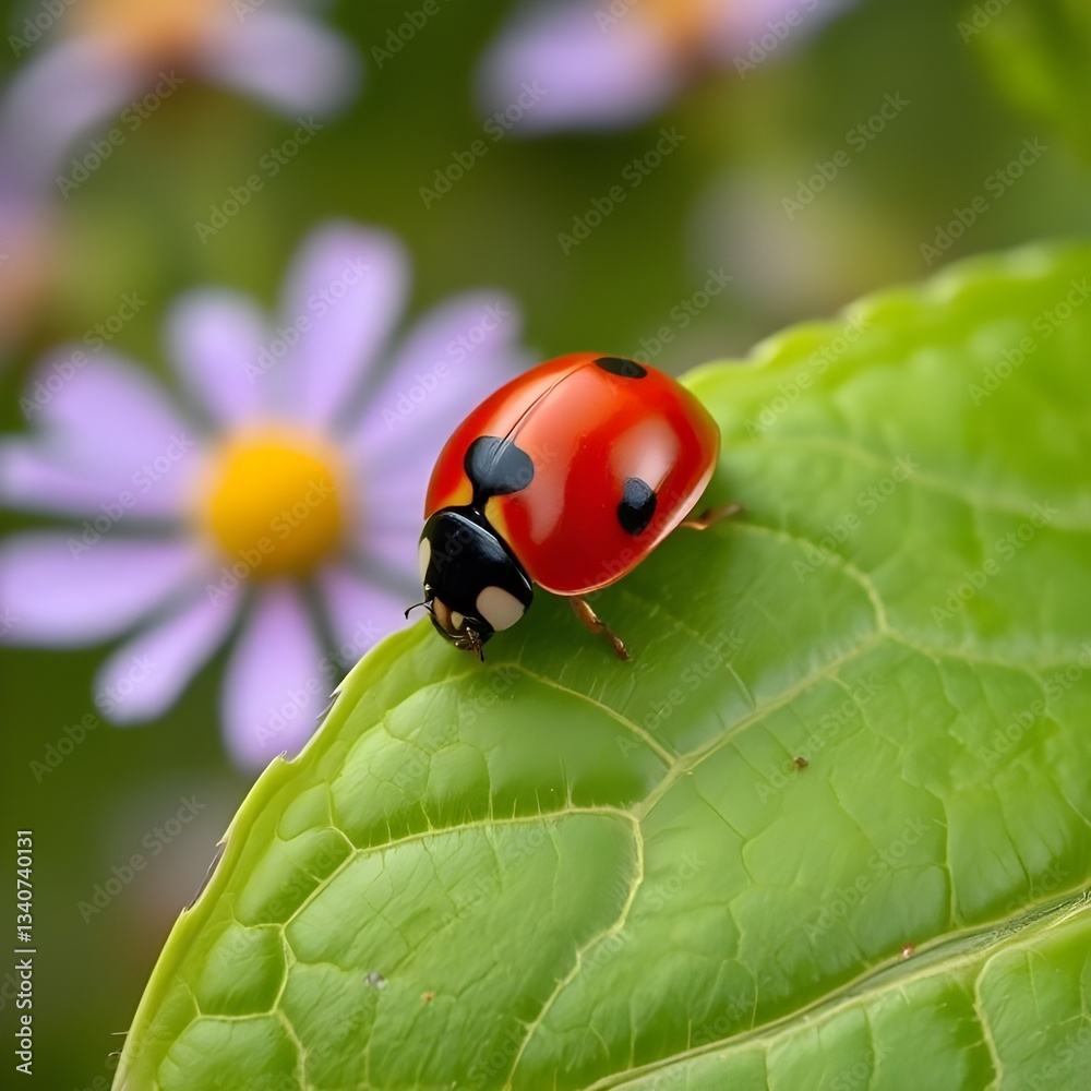 Naklejka premium A Tiny Ladybug Resting on a Green Leaf