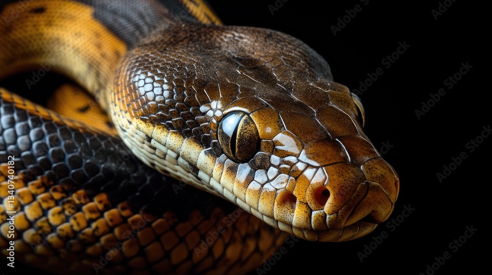 A close-up photo of a snake on a black background, suitable for use in illustrations, designs, or as a symbol A close-up photo of a snake on a black background, suitable for use in illustrations, designs, or as a symbol