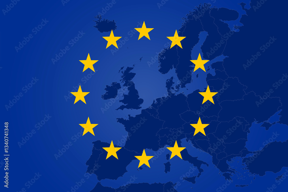 Flag of the European Union on the background of the map of Europe. The concept of friendship and cooperation. Flag of the European Union on the background of the map of Europe. The concept of friendship and cooperation.