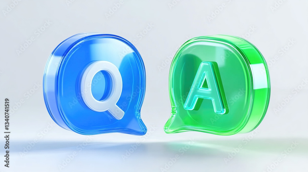 Obraz premium Two speech bubble icons, blue with Q and green with A, featuring technological transparent material and frosted glass texture in isometric perspective, bright 3D art on white background.