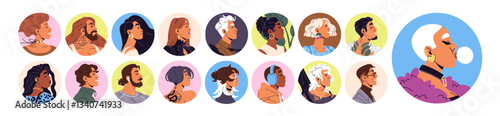 Colored round shape avatars set. Side view portraits of different people in circle form. Men and women faces in frames for modern user profile. Flat isolated vector illustrations on white background