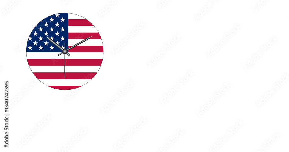 Fototapeta premium Wall clock. Analog wall clock with American flag hands. Doomsday clock. White background. Copy space.
