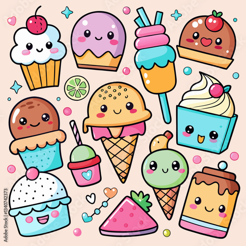 Kawaii Cute Dessert Illustration – Adorable Ice Cream, Cupcakes, and Sweets