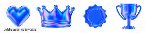 3d set of neon heart, crown, medal, trophy. Stock vector illustration on isolated background.