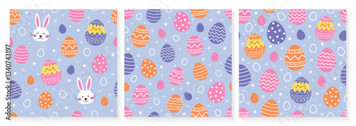 Easter seamless pattern with cute bunny, egg and chick. Collection. Colourful background in cartoon style. Vector illustration