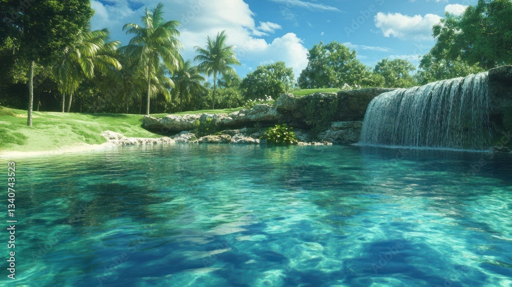 Naklejka premium Tropical Paradise: Serene Waterfall and Crystal Clear Lagoon