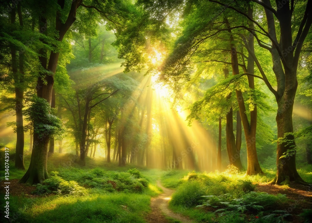 Obraz premium Serene Forest Sunlight: Magical Golden Rays Through Lush Green Trees