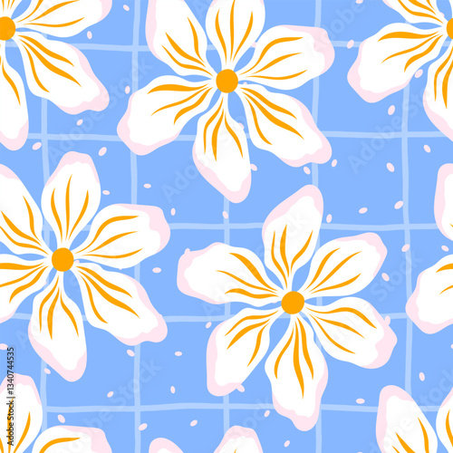 Seamless vector pattern featuring cute chamomile flowers in soft pastel tones, perfect for spring and summer textiles, nursery decor, and wrapping paper with a gentle, cozy feel