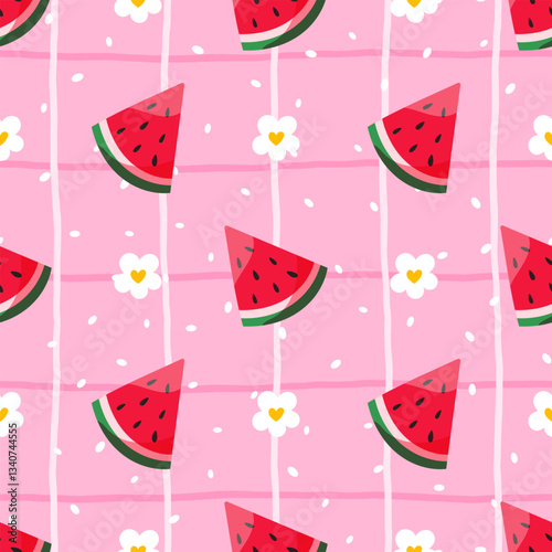 Seamless vector pattern featuring juicy watermelon slices with a pink aesthetic. Perfect for summer textiles, kids clothing, and trendy wrapping paper with a refreshing, fruity touch