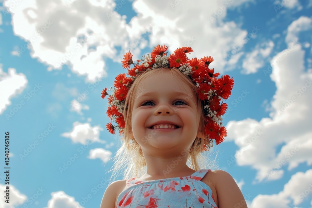 Happy caucasian toddler girl with blond hair wearing red flower crown on her head. Happy summertime artwork. Sunny daylight. White dress and floral charm. Outdoor exploration for children. Happy caucasian toddler girl with blond hair wearing red flower crown on her head. Happy summertime artwork. Sunny daylight. White dress and floral charm. Outdoor exploration for children.